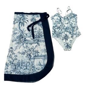 Women Blue & White Floral Swimsuit & Sarong Cover Up Size S - NWOT